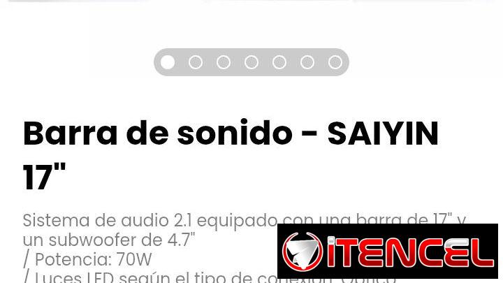 Barra de sonido – SAIYIN 17″. Incluye: transformador, cable óptico, cable auxiliar 3.5mm y kit de montaje en pared