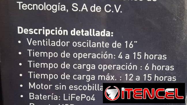 🔆 Ventilador Recargable de 16 pulgadas. Marca: STAVEL, LD-8016. Batería: LiFePO4, 7200 mAh. Potencia 26W.