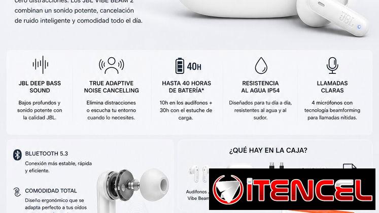 Audífonos JBL Vibe Beam 2 Blancos 🔥 NUEVOS en Caja | Noise Cancelling | 40H Batería