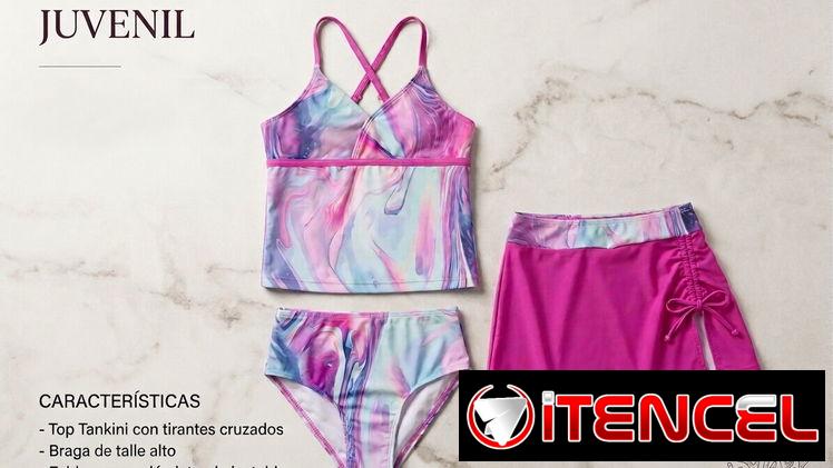 Trusa 3 piezas niña Bañador Juvenil de 3 Piezas – Diseño Marble Pink & Blue 7años 12