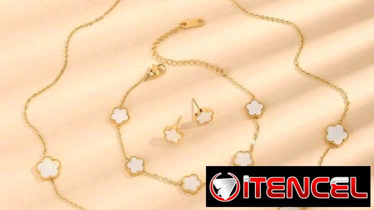 Juegos de collar aretes y pulso de flores trébol imitación van cleef de acero inoxidable