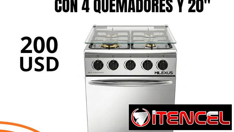 COCINA CON HORNO DE GAS CON 4 QUEMADORES Y 20″
