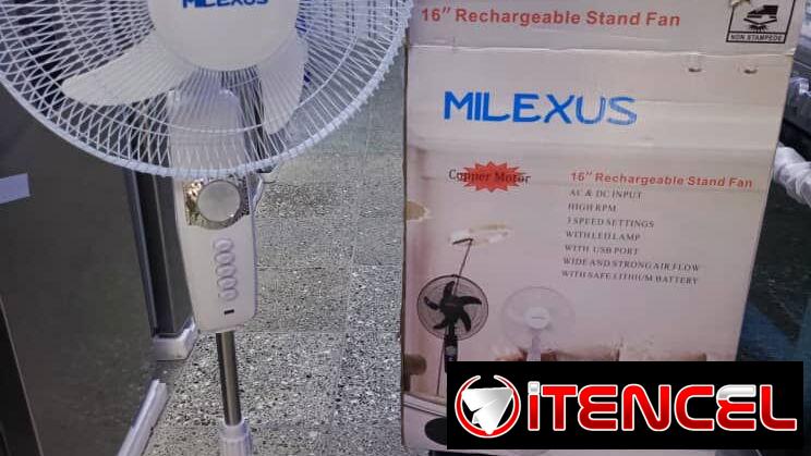 Ventilador Recargable 16 pulgadas de Pedestal Marca Milexus Batería Litihum duración 8 horas en 85 USD Transporte