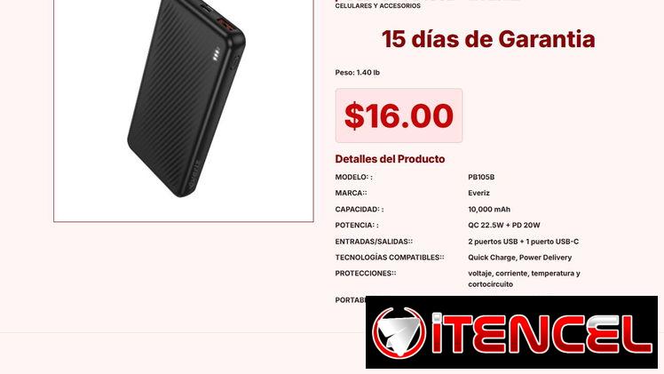 Power Bank Everiz PB105B 10000 mAh con Salida Triple de Energía VPT#-0250