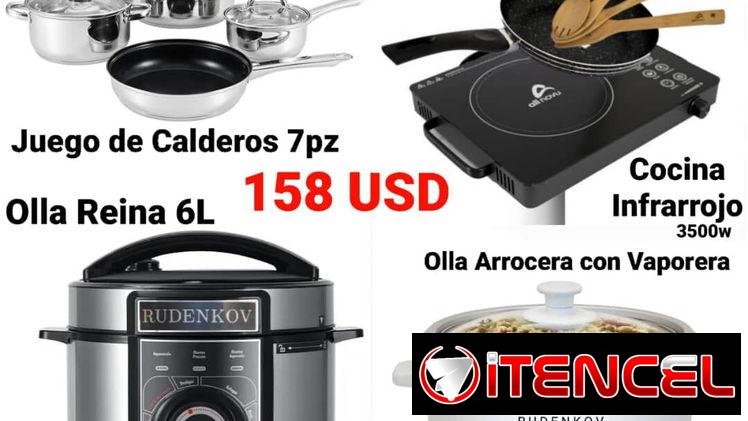 Cocina infrarroja, juego de cazuelas, olla arrocera y olla reina