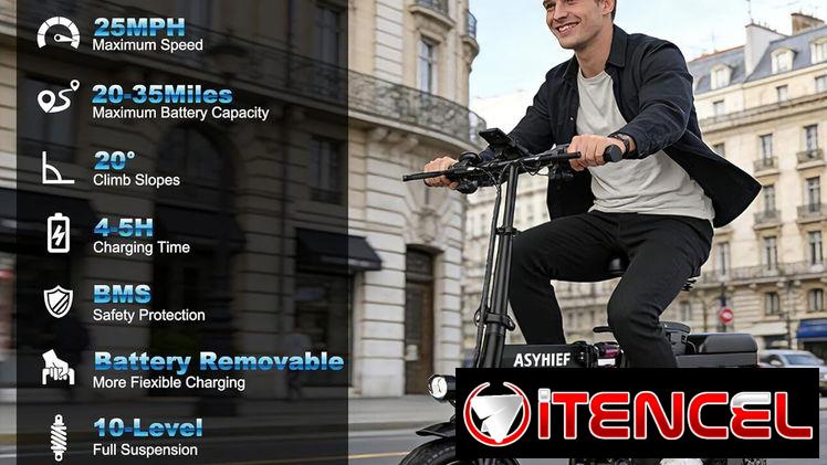 Bicicleta Eléctrica Plegable 14” 1200W 24MPH Batería 48V 10Ah Suspensión y Frenos de Disco