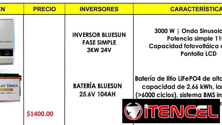 Kit de energía de 3KW. Inversor de 3KW 24V y Batería de 25,6v 104Ah, salida 110v