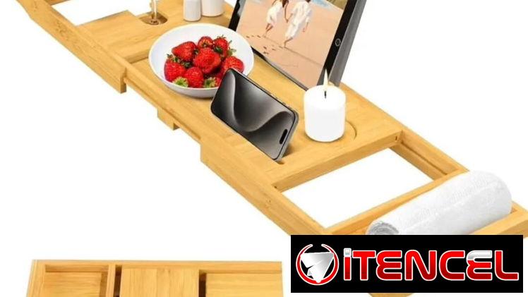 Mesa de bandeja de bañera plegable de bambú