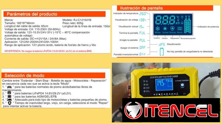 Cargador inteligente de 15 amperes compatible con baterías de ácido, plomo, calcio, gel, humedad, lifepo4, agm.