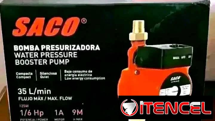 Presurizador: SACO  – flujo máx 35 L x min – potencia 1/6 HP – salida y entrada de 1/2 – sistema de arranque automático