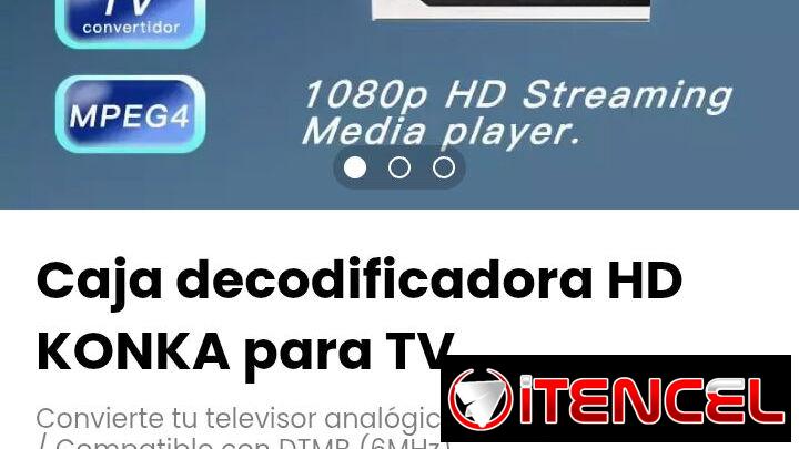 Caja decodificadora HD KONKA para TV.Incluye: 1 HDMI; 1 RCA y transformador 12V