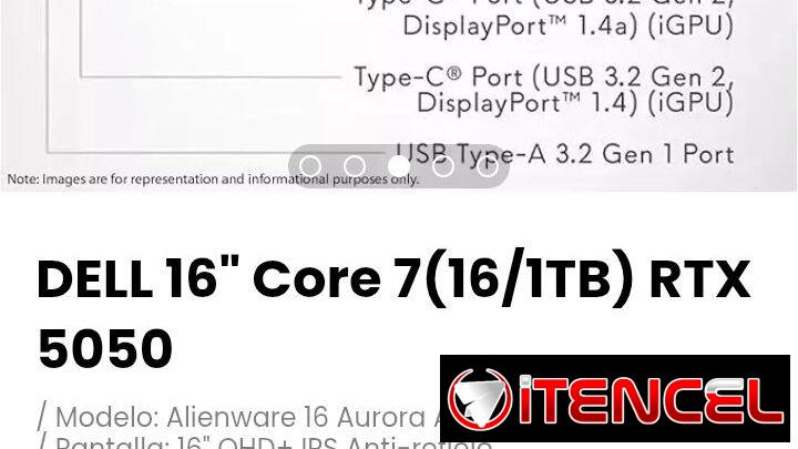 DELL 16″ Core 7(16/1TB) RTX 5050. Modelo: Alienware 16 Aurora AC16250