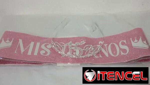 Juego de Banda Rosada y Corona Plateada Mis 15 Años M4(TPEx)