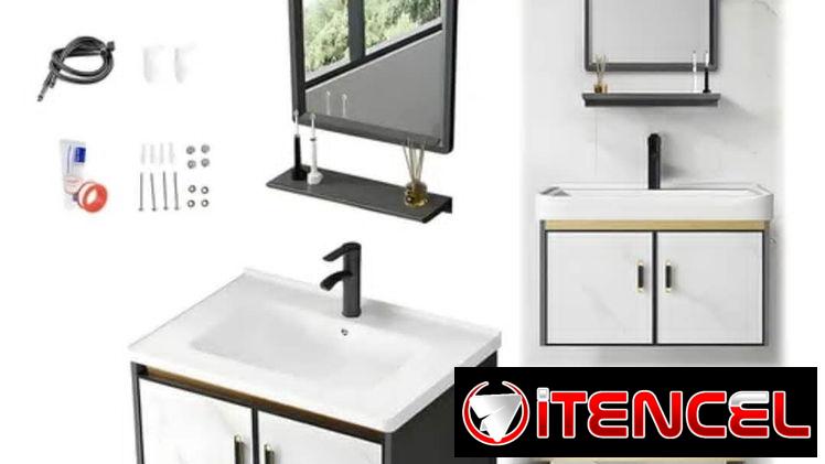 ESTANTE PARA BAÑOS CON ESPEJOS, LAVAMANOS Y ARMARIO