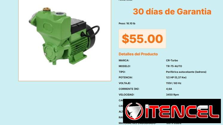 Bomba Ladrona TR-75 0.5HP Velocidad 3450 RPM, Bomba TR-75-AUTO Periférica 0.5HP Factor Potencia 0.98 VPT#-0479