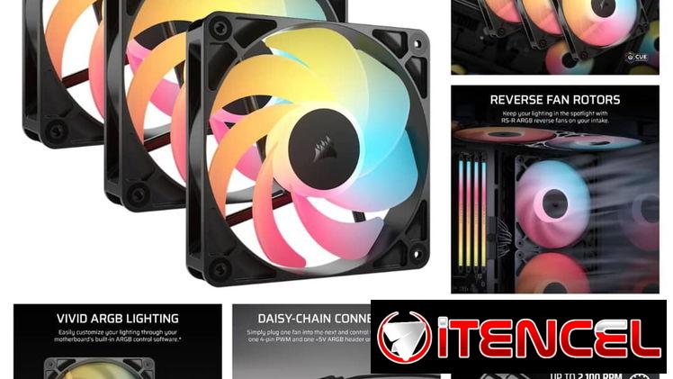Fanes RGB Corsair Paquete triple de ventiladores PWM de flujo invertido RS120-R ARGB de 120 mm