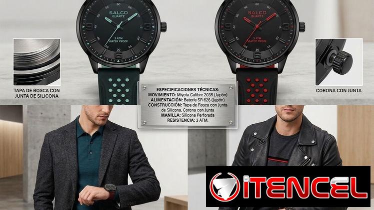 Relojes SALCO. Analógico de Pila/Batería, Manilla de Acero, Resistente al Agua 3ATM. WATER PROF. Color dorado, negro pla
