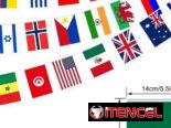 Banderas de 100 países del mundo, 30 metros de longitud y 100 banderillas de 14X21 cm.