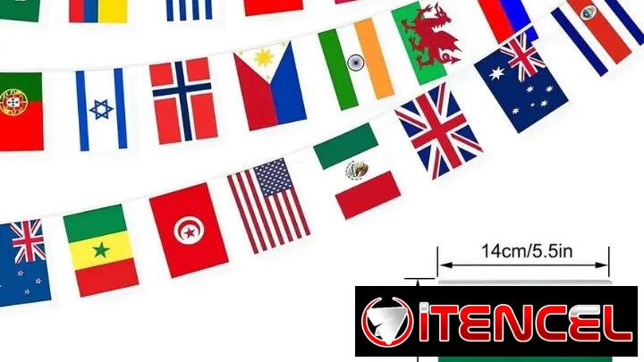 Banderas de 100 países del mundo, 30 metros de longitud y 100 banderillas de 14X21 cm.