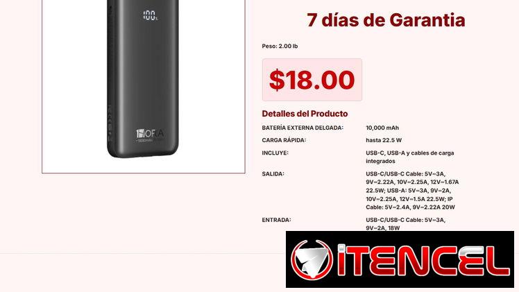 POWER BANK 10000mAh 22.5W CON 2 CABLES BAT101N 1HORA VPT#-0251