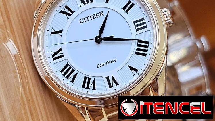 EM0973-55A citizen eco drive woman Arezzo en oro rosa esfera blanca con números romanos negros y un cristal de zafiro