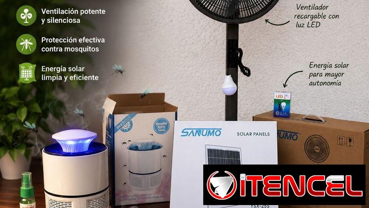 SUPER COMBO PARA APAGON..VENTILADOR SANUMO RECARGABLE CON PANEL Y BOMBILLO+ LAMAPARA MATA MOSQUITOS