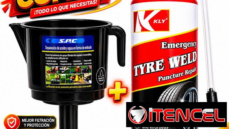 EMBUDO FILTRANTE SEPARADOR DE AGUA Y ACEITE + REPARADOR DE PINCHAZOS DE EMERGENCIA
