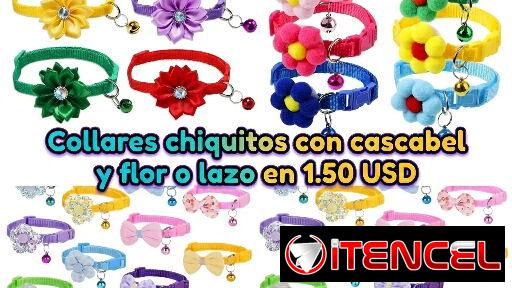 Collares chiquitos con cascabel y flor o lazo para perros y gatos. Cómodos, ligeros y con un diseño hermoso.