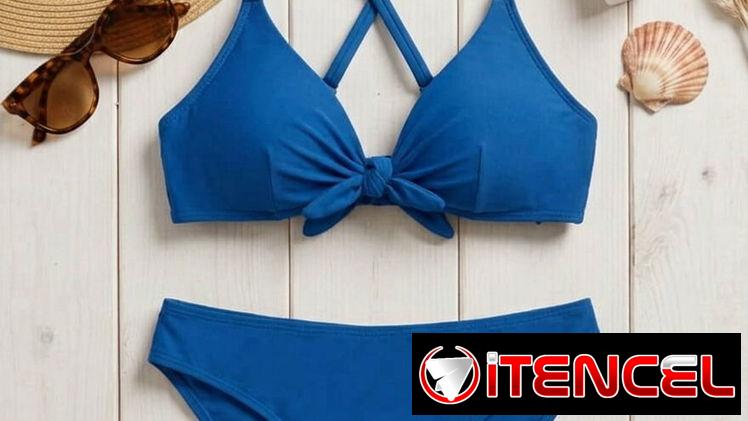 Trusa bikini azul rey con lazo delantero, talla M. Top con tirantes cruzados a la espalda y detalle de nudo al frente, c