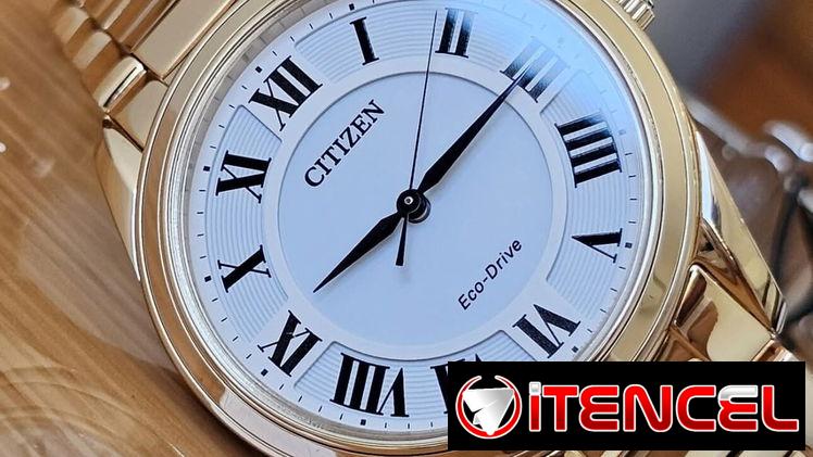 EM0973-55A citizen eco drive woman Arezzo en oro rosa esfera blanca con números romanos negros y un cristal de zafiro