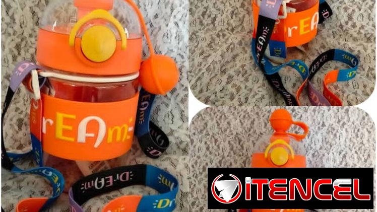 🧃🌈 TERMO/BOTELLA INFANTIL CON PAJILLA – TRANSPARENTE, COLORES VIVOS, CORREA AJUSTABLE – 9 USD