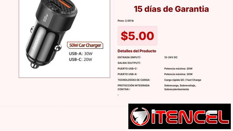 Toocki – Cargador de coche 50W doble puerto USB A + Tipo C VPT#-0332