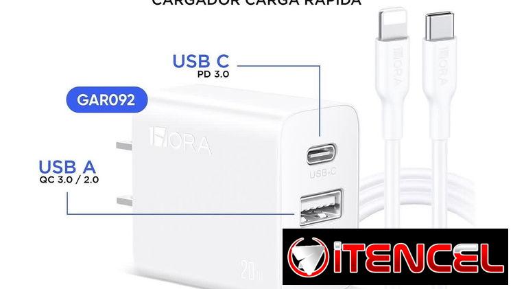 Combo Cargador 20W GAR163 Tipo C- Lightning + Cable Extra Tipo USB-C de 6A🔋