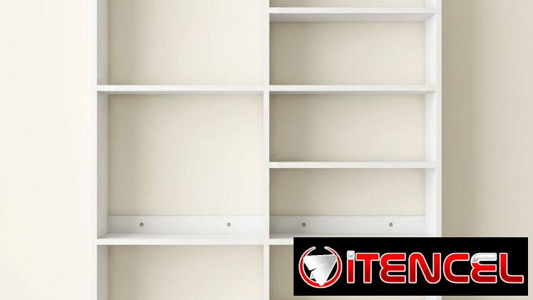 Estante de pared asimétrico en MDF hidrófugo, ideal para salas y estudios, con repisas de diferentes tamaños.