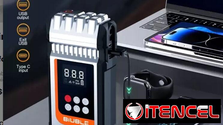 Arrancador portátil BÍUBLE-Compresor de aire integrado, luz de emergencia y power bank-Nuevo