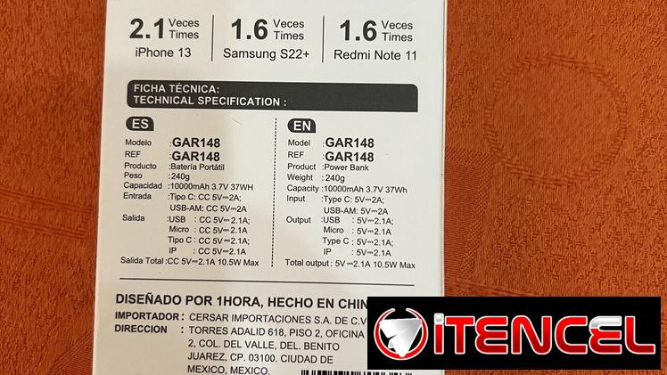 Cargador portátil 10 mil mah marca 1Hora