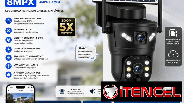 Cámara de vigilancia 2 lentes/8Mp/Wifi/ Solar/ recargable