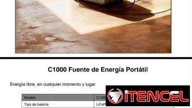 Estación de Energía C1000  Descripción: Capacidad: 1120 wh Potencia: 1000 w Pico: 1500 w