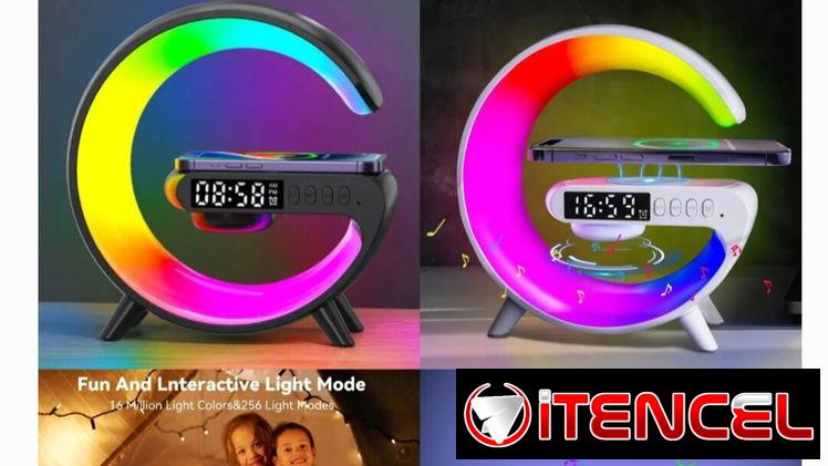 Lámpara RGB con cargador inalámbrico, bluetooth y reloj incluido