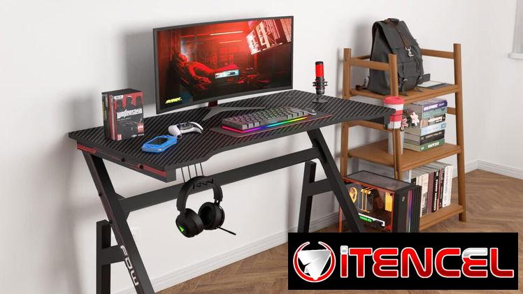 🎮🖥️ MESA GAMING 47″ BESTOFFICE FIBRA DE CARBONO ROJA CON PORTAVASOS Y SOPORTE AURICULARES ENVÍO DISPONIBLE* + GARANTÍA