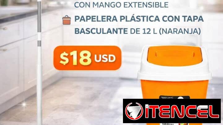 FREGONA PLANA PLEGABLE CON MANGO EXTENSIBLE + PAPELERA PLÁSTICA CON TAPA BASCULANTE DE 12 L (NARANJA)