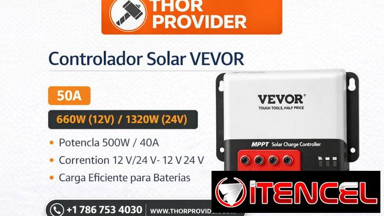 Controlador Solar MPPT VEVOR 50A 660W (12V) / 1320W (24V) 98% Eficiencia 12V/24V Con Bluetooth Regulador de Carga Negr