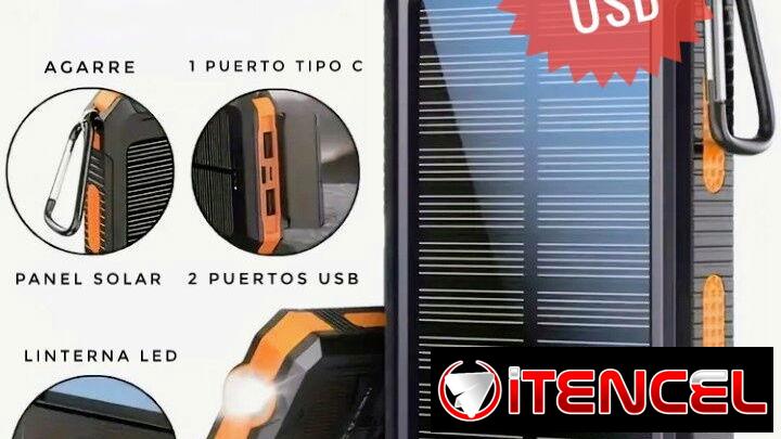 Powerbank de 20mil mah + Panel Solar + 2 puertos USB + 1 puerto C + Linterna Led + Brújula