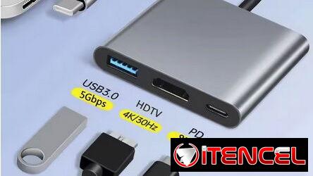 Hub USB-C 3 en 1 – Adaptador a HDMI 4K + USB 3.0 + USB-C para Video y Datos