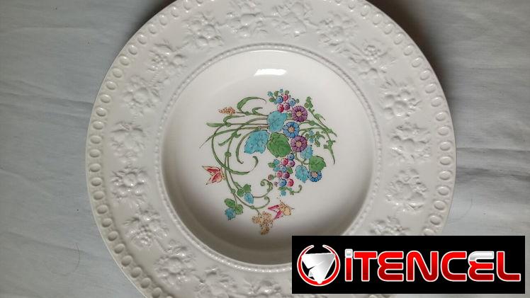 Plato vintage Wedgwood “Montreal – Wellesley”, hermoso diseño en relieve, delicado centro floral, pequeña mari