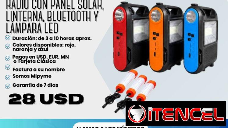 RADIO CON PANEL SOLAR, LINTERNA, BLUETOOTH Y LÁMPARA LED