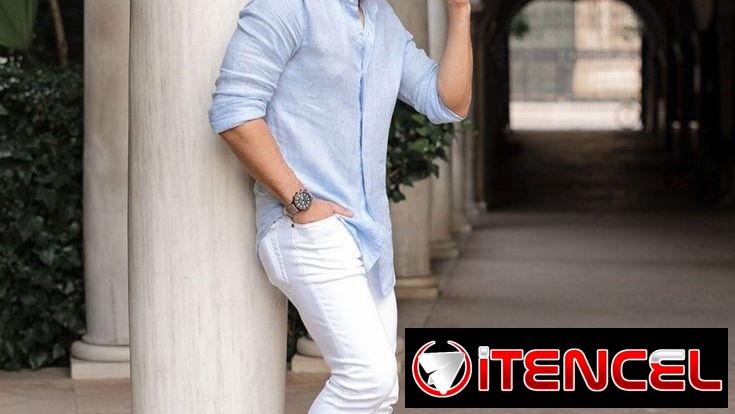 Camisa azul claro de lino,  pantalón blanco de lino , camisa blanca de lino