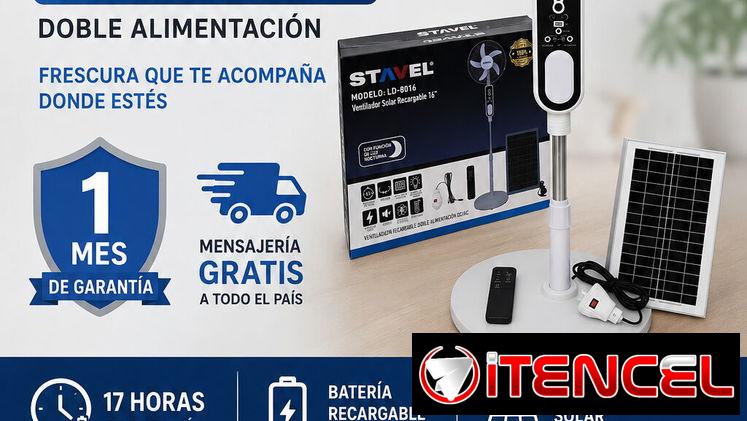 VENTILADOR SOLAR RECARGABLE STAVEL 16″ ❄️☀️ ✅ Hasta 17 horas de duración ✅ Panel solar incluido ✅ Doble alimentació