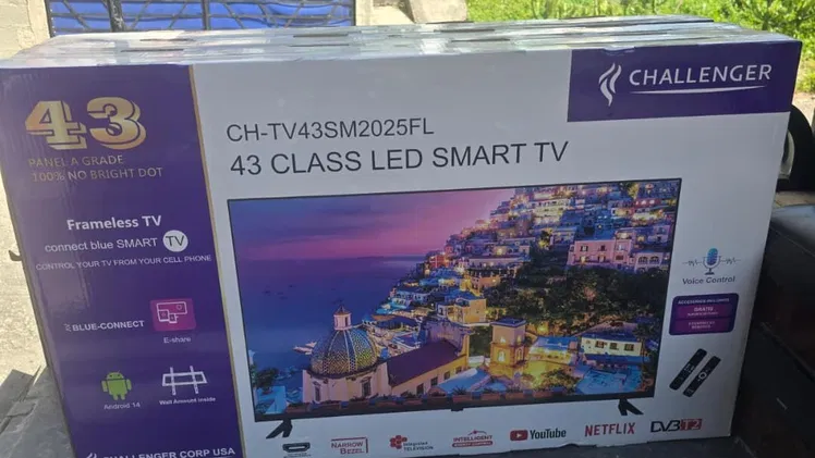 Televisor 43 pulgadas con soporte a la pared y dos mandos