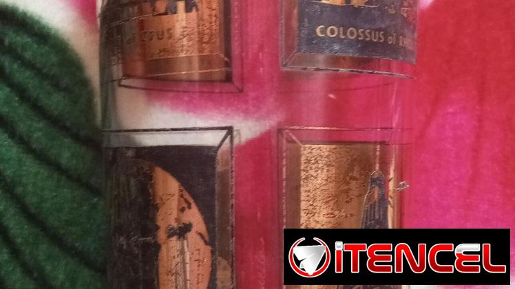 JUEGO DE VASOS ANTIGUOS 7 MARAVILLAS LAMINADO EN ORO